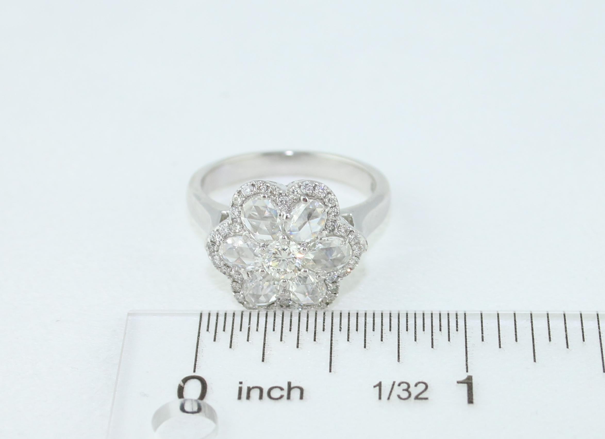 1.65 Carat Rose Cut and Round Diamonds Gold Flower Ring For Sale 6