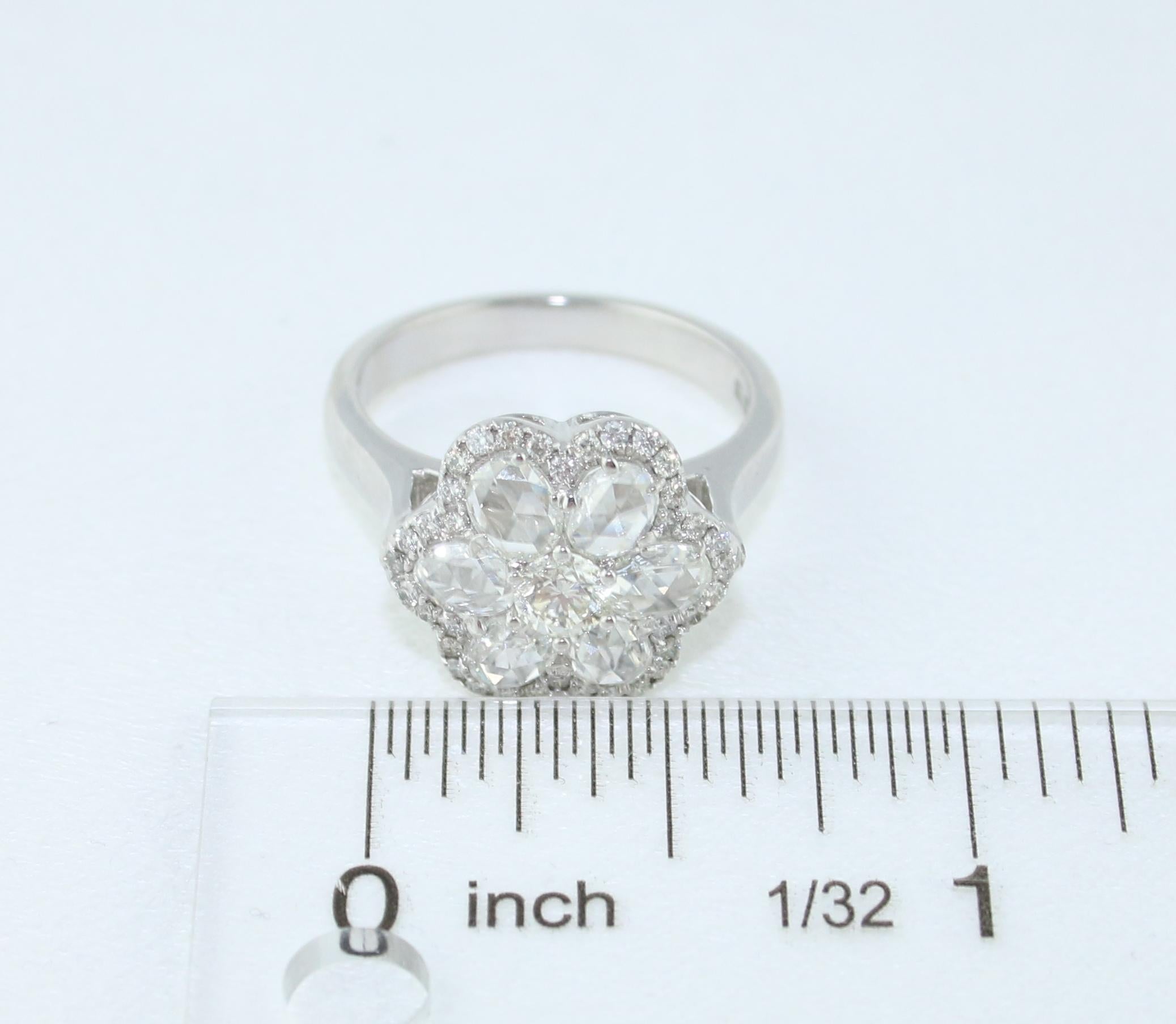 1.65 Carat Rose Cut and Round Diamonds Gold Flower Ring For Sale 7
