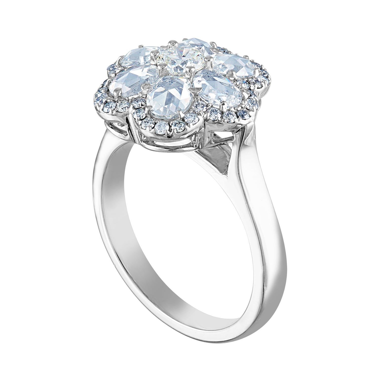 Flower Ring.
The Ring is 18K White Gold.
There are 1.13 Carats Rose Cut Diamonds F VS.
There are 0.52 Carats Small Round Diamonds F VS.
The ring measures about 0.50