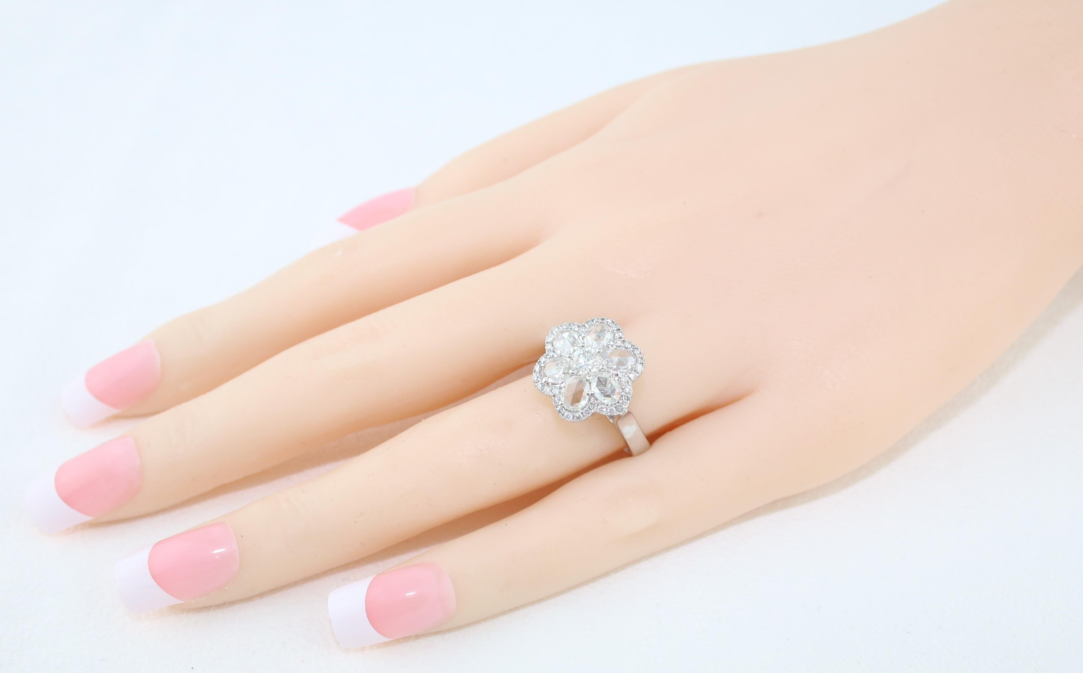 1.65 Carat Rose Cut and Round Diamonds Gold Flower Ring 3