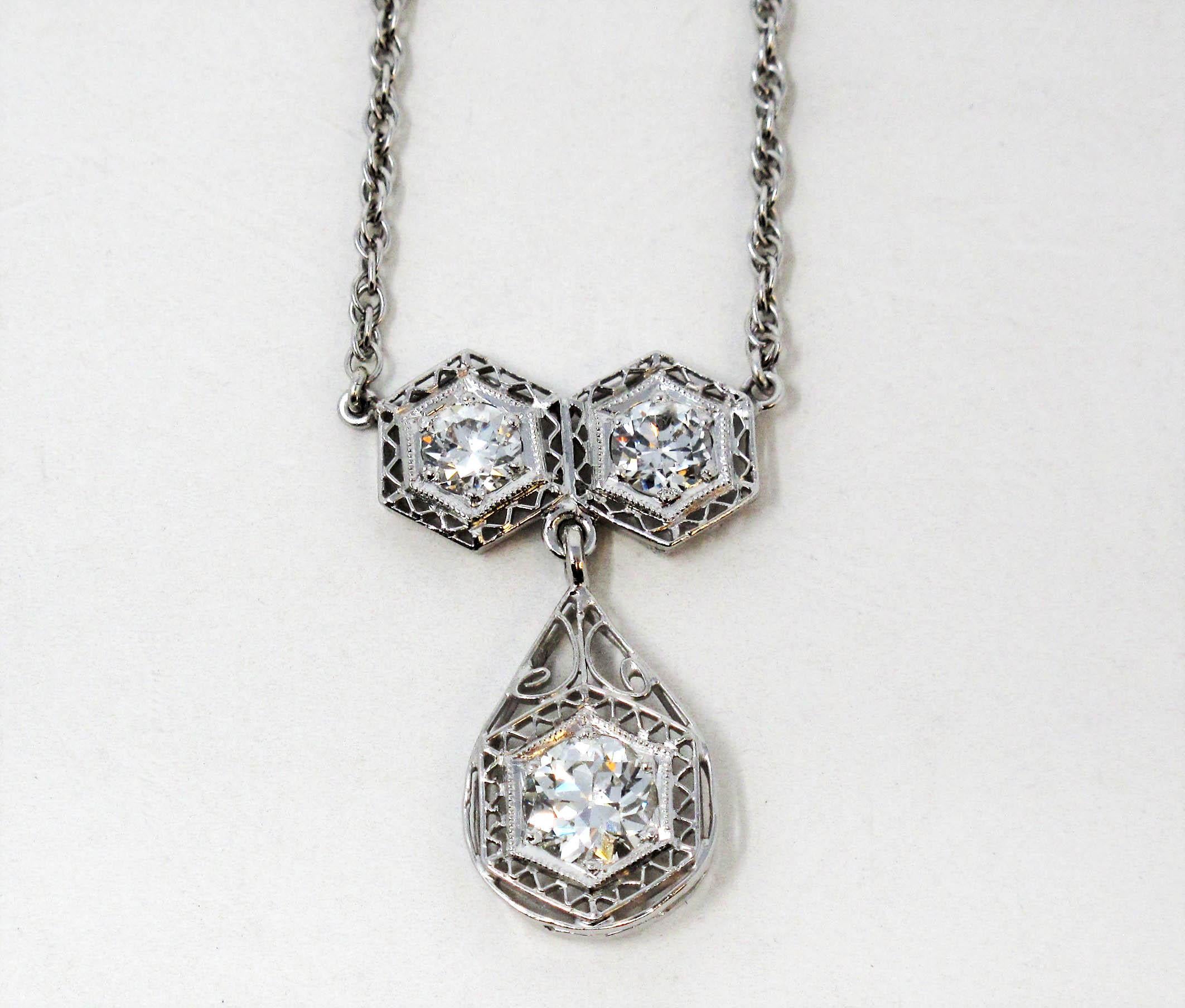 Three Stone Vintage Old European Cut Diamond Drop Necklace 14 Karat White Gold In Good Condition For Sale In Scottsdale, AZ