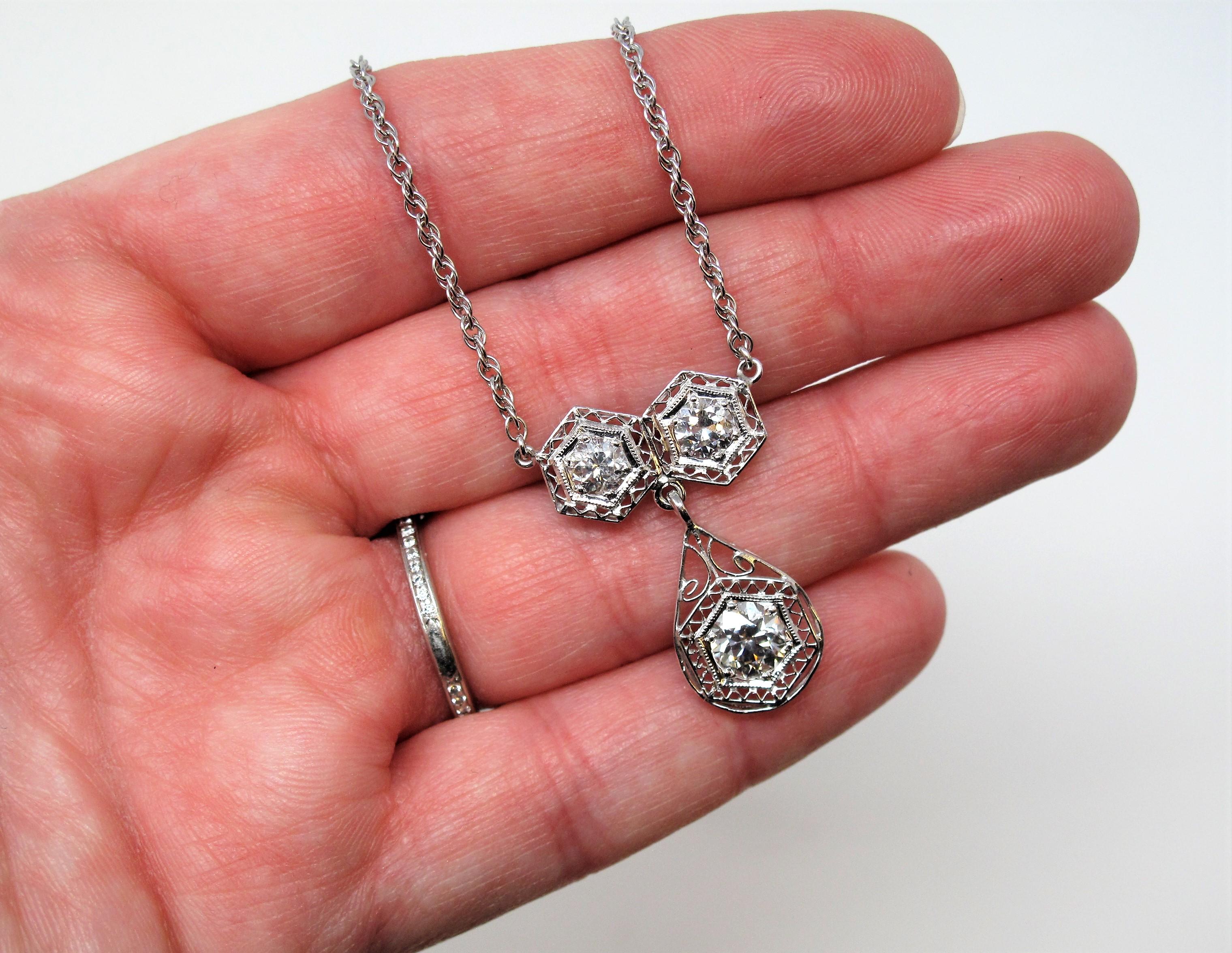 Women's Three Stone Vintage Old European Cut Diamond Drop Necklace 14 Karat White Gold For Sale