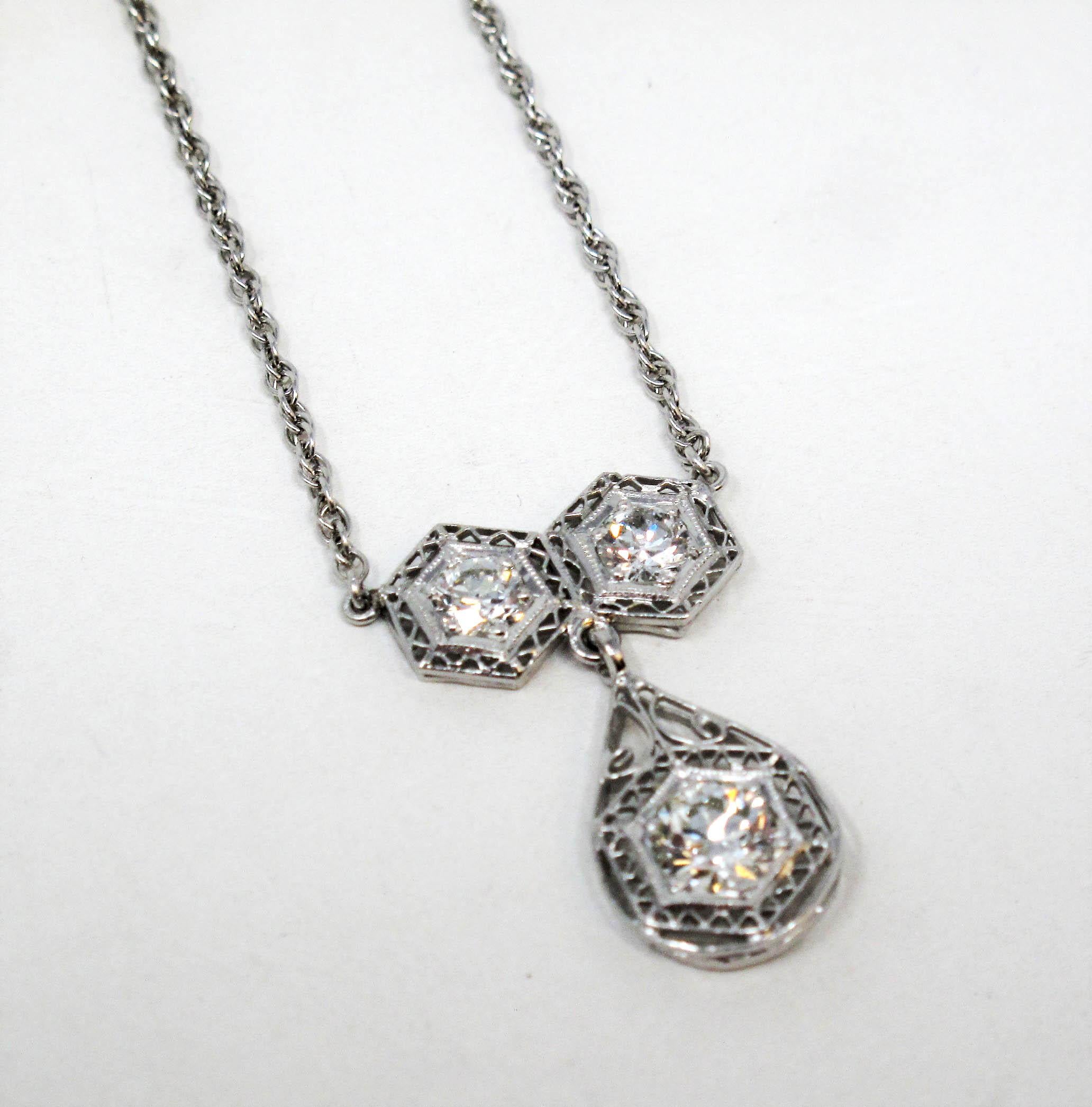 Three Stone Vintage Old European Cut Diamond Drop Necklace 14 Karat White Gold For Sale 1