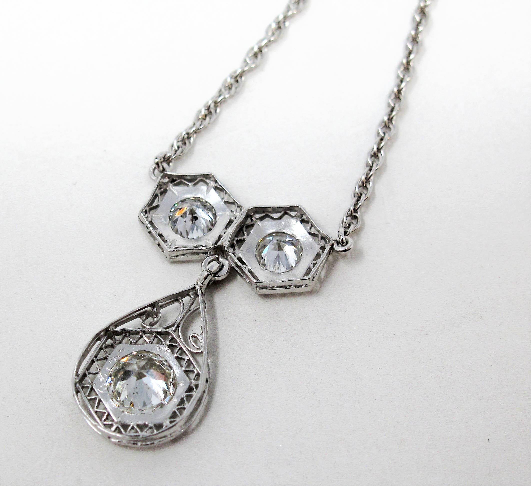 Three Stone Vintage Old European Cut Diamond Drop Necklace 14 Karat White Gold For Sale 2