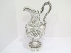 Coin Silver Bailey Antique c 1840 Floral Repousse Grapevine Handle Pitcher