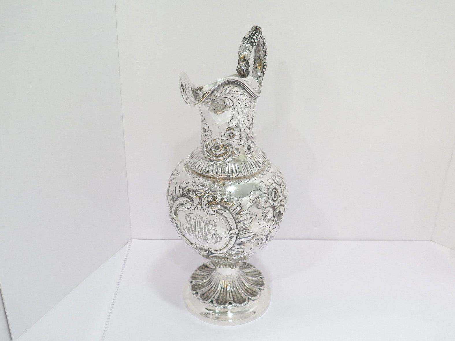 American Coin Silver Bailey Antique c 1840 Floral Repousse Grapevine Handle Pitcher For Sale