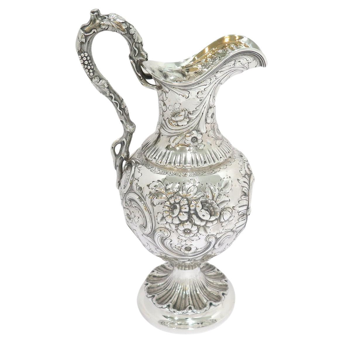 Coin Silver Bailey Antique c 1840 Floral Repousse Grapevine Handle Pitcher For Sale