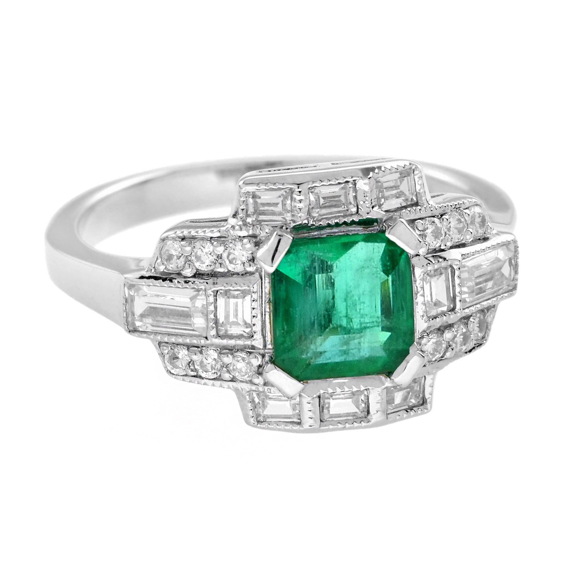 Asscher Cut 1.65 Ct. Emerald and Diamond Art Deco Style Engagement Ring in 18K White Gold For Sale