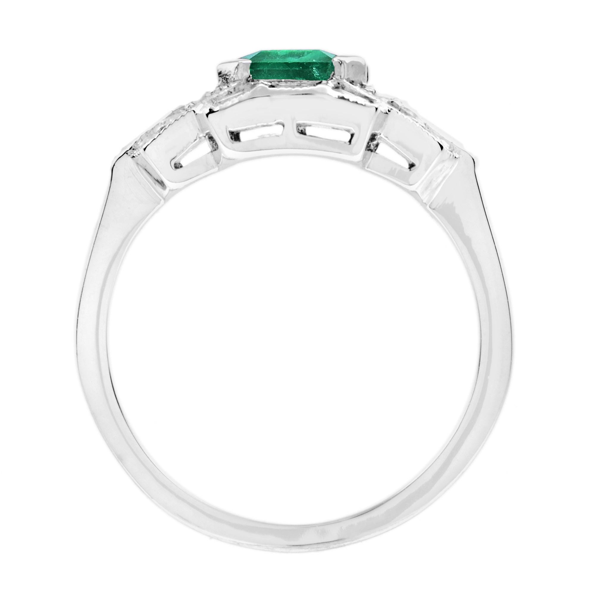 1.65 Ct. Emerald and Diamond Art Deco Style Engagement Ring in 18K White Gold For Sale 1