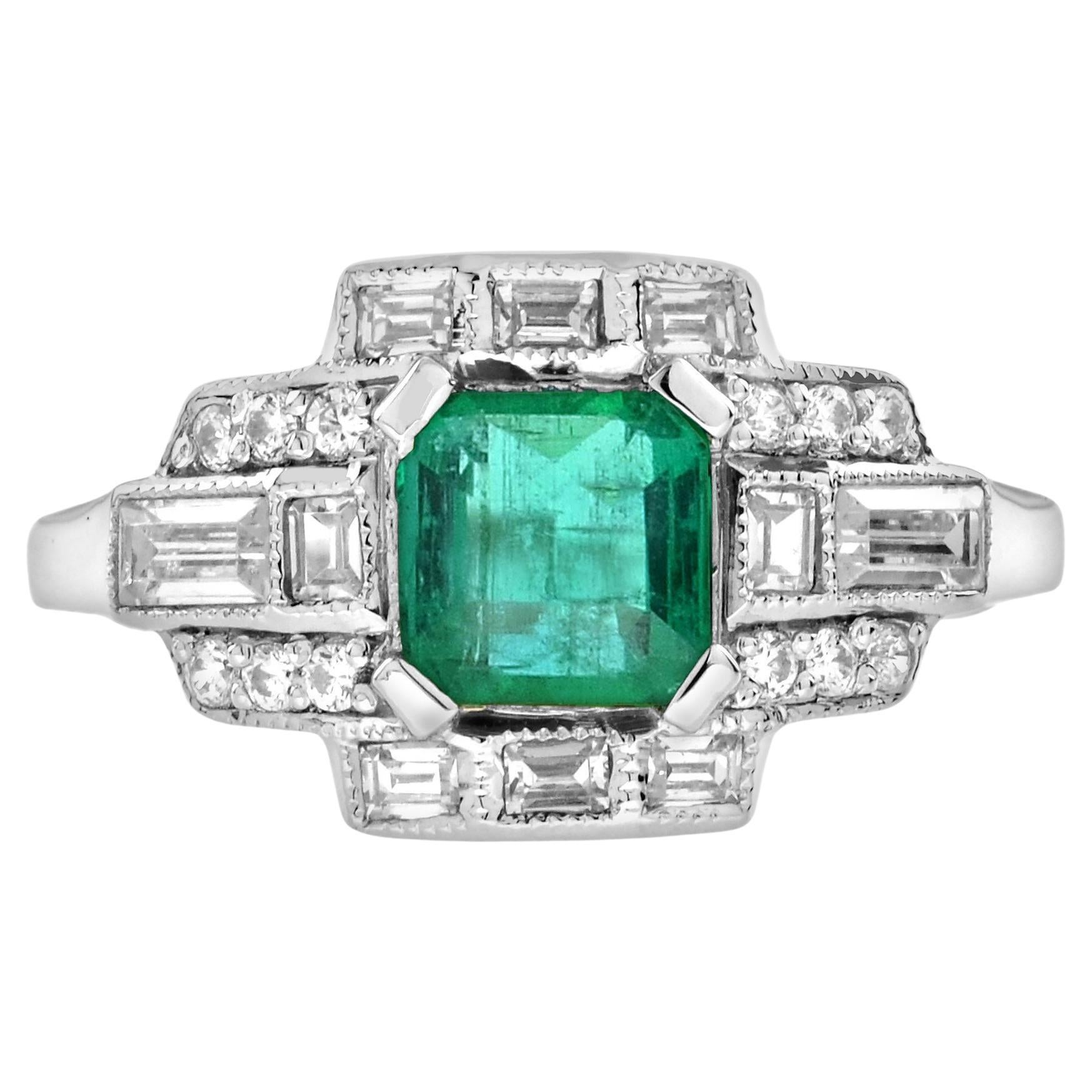 1.65 Ct. Emerald and Diamond Art Deco Style Engagement Ring in 18K White Gold For Sale