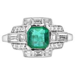 1.65 Ct. Emerald and Diamond Art Deco Style Engagement Ring in 18K White Gold