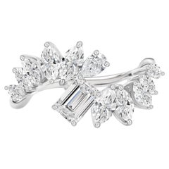1.65 Ct Natural Emerald-Cut Diamond Floral Cluster Ring 18K White Gold