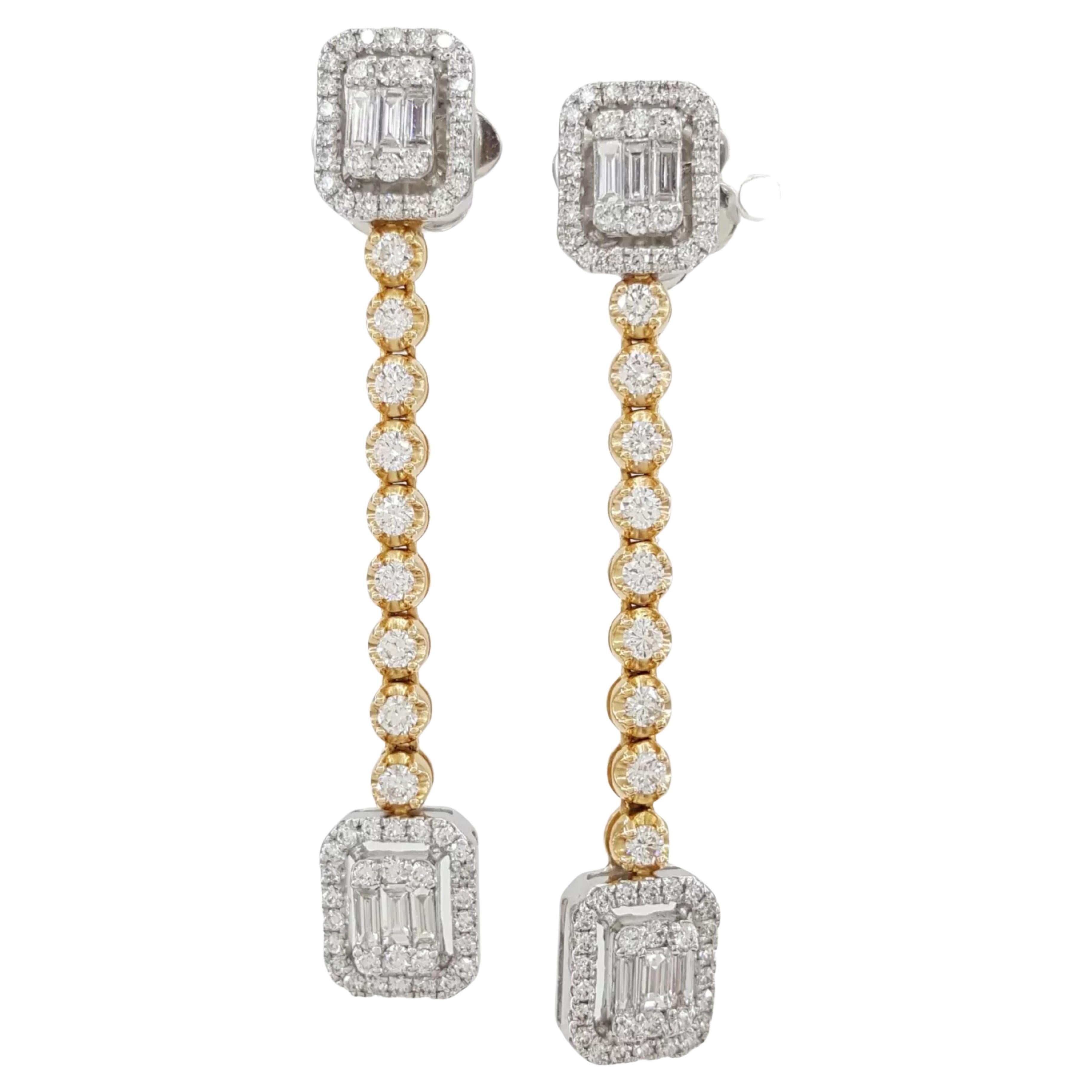 1.65 ct Round & Baguette Cut Diamond Drop Dangle Earrings in 18k White & Yellow