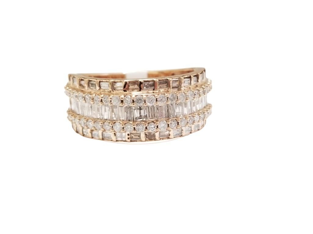 1.65 CTS BAGUETTE DIAMOND ROSE GOLD 14K RING, BAGUETTE & ROUND DIAMONDS CHANNEL SET, VERY SHINY
Channel-Set Diamond Ring 1.65 ctw
Average Color H-I, Clarity I. 
Ring Size 10
Brilliant channel-set round diamonds. Crafted in 14k two tone rose & white