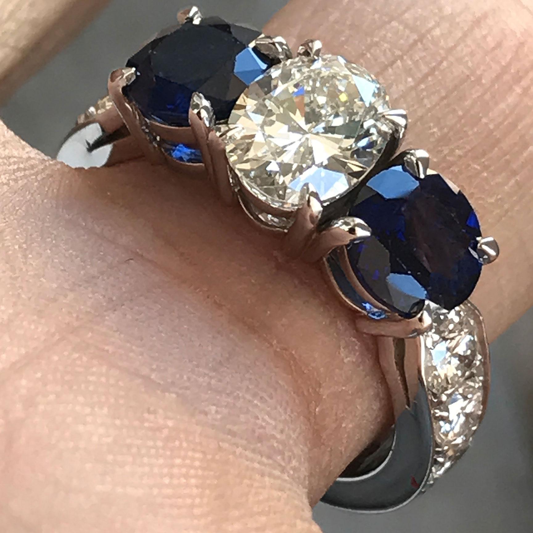 1.65 CTW Oval Diamond and Blue Sapphire Three Stone Engagement Ring - Ben Dannie In New Condition For Sale In West Hollywood, CA