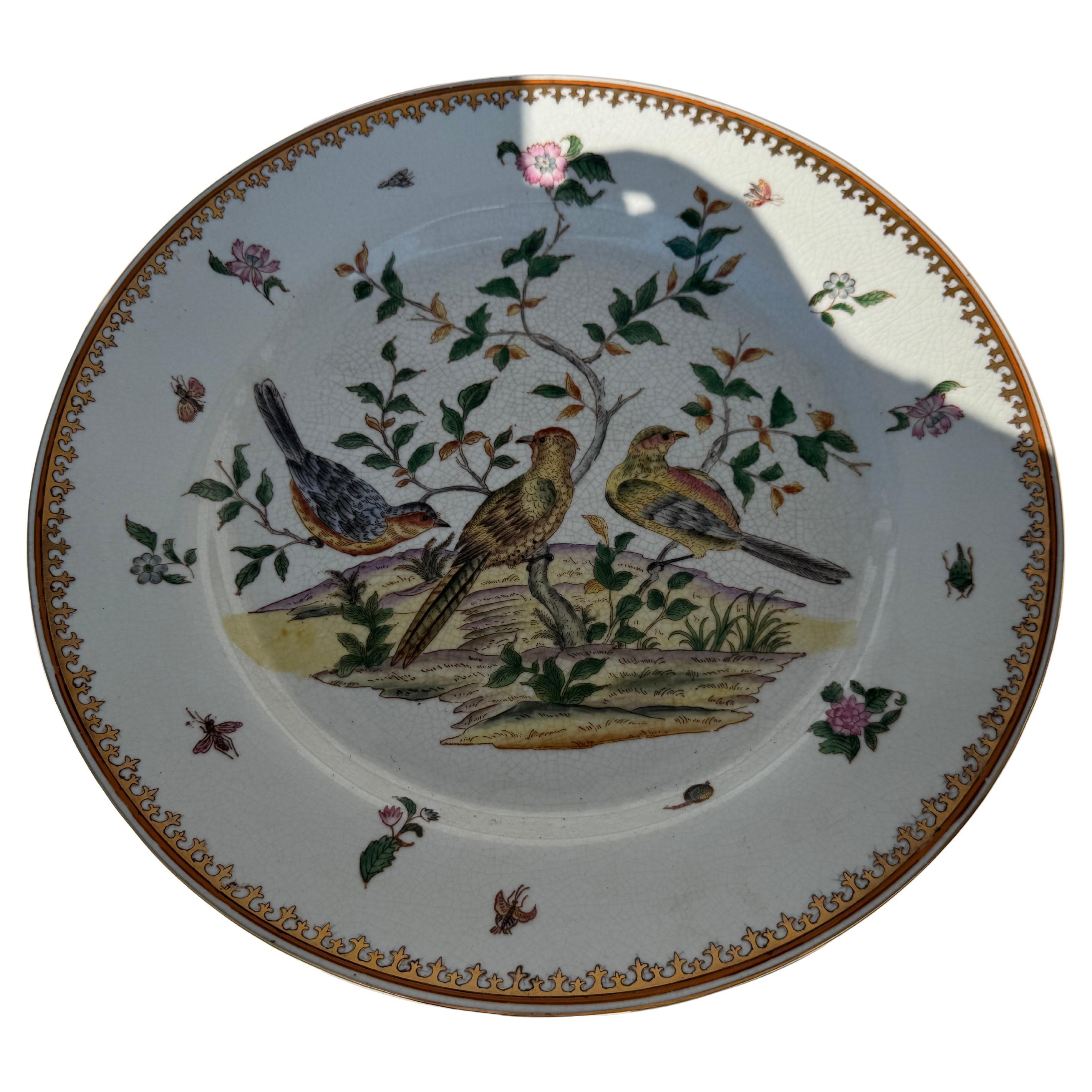 16.5" D Chinese Gold Trim Charger with Bird Scene en vente