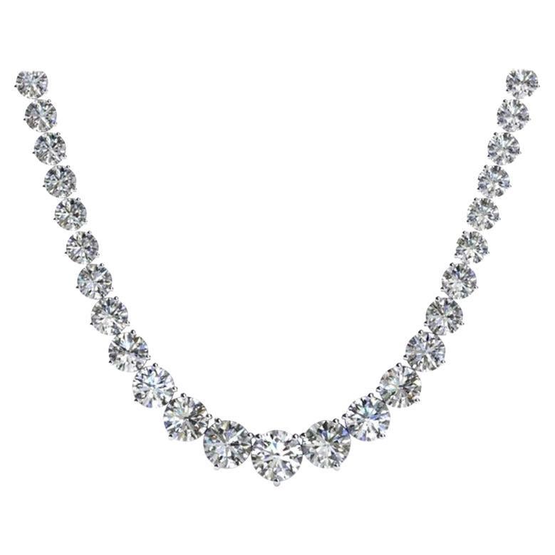 This stunning and impressive Riviera Necklace features substantial Diamond weight of 25 Carats in beautifully graduated Round Brilliant Cut gems all certified by GIA with a sparkly excellent cut white color D/E color and  clarity si1/2 100% eye