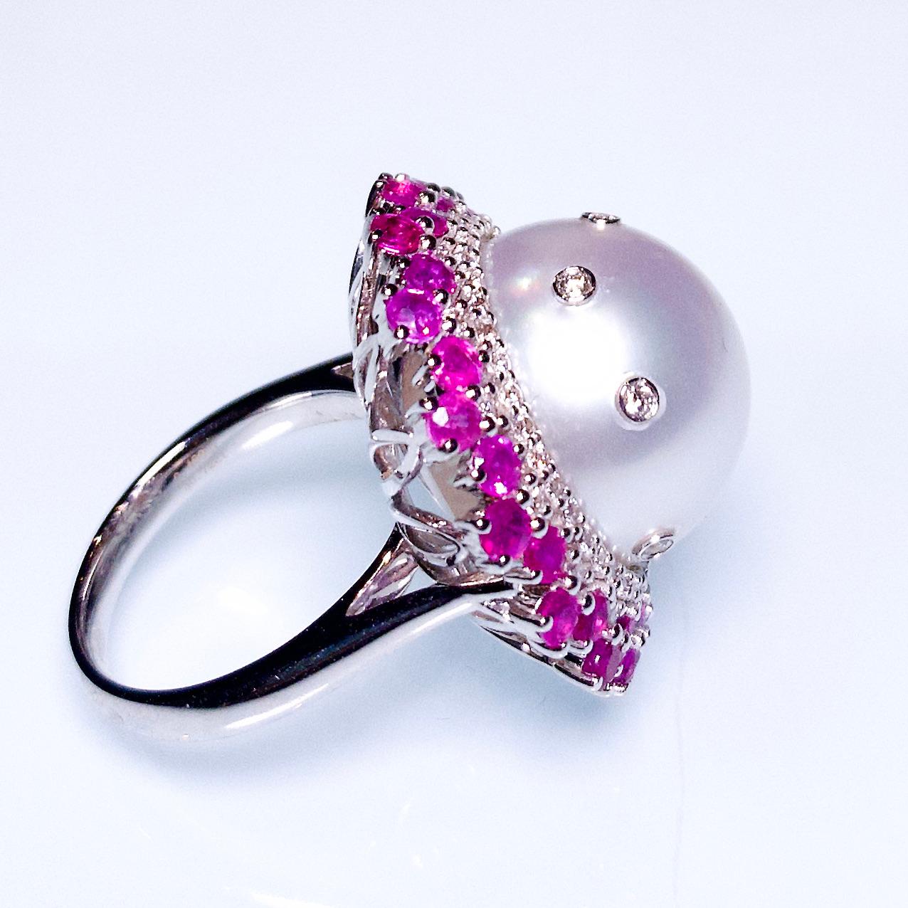 Brilliant Cut Eostre White South Sea Pearl, Ruby and Diamond Ring in 18K Gold For Sale