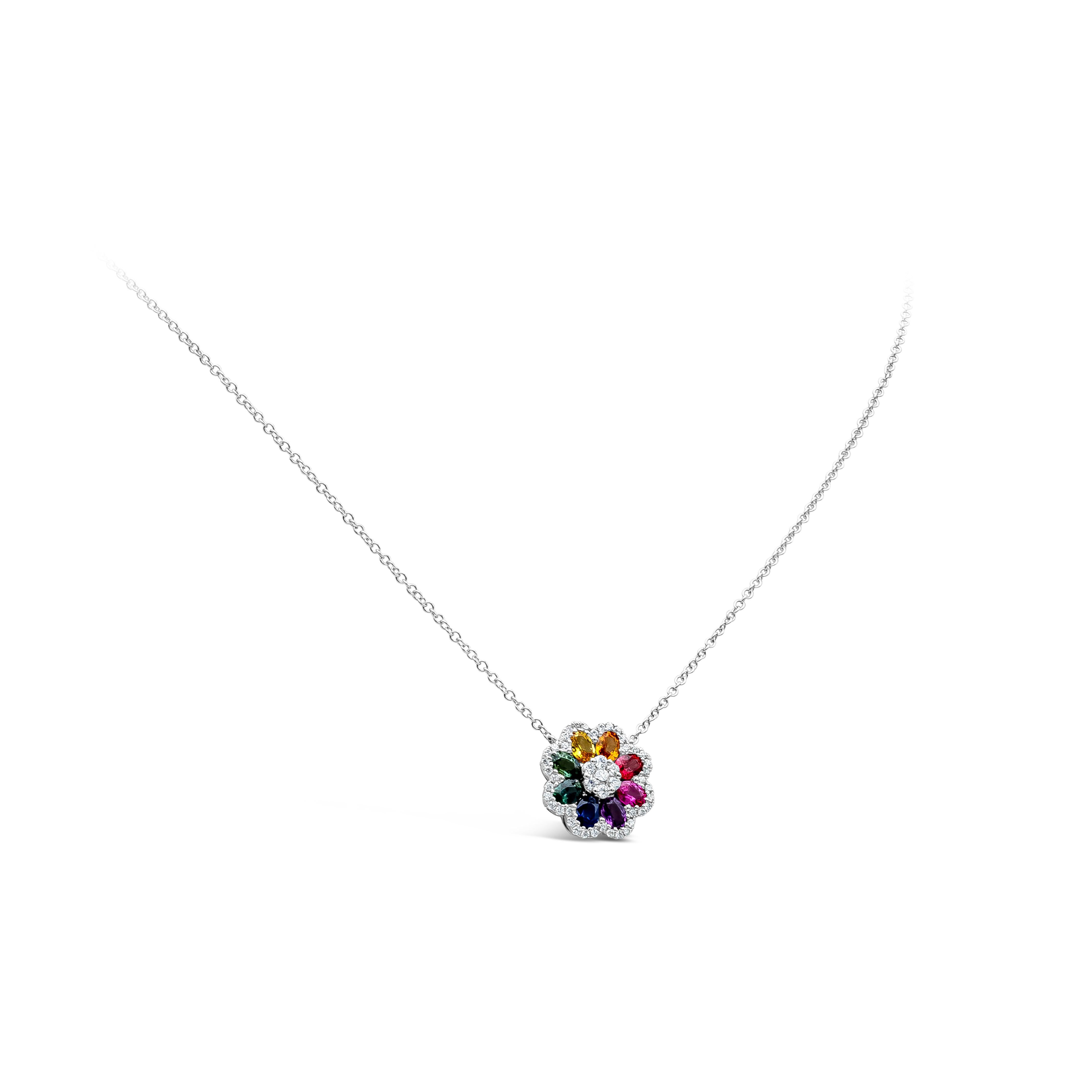This stylish and chic flower design pendant necklace showcases 8 multi color oval cut sapphires with white round brilliant accents diamonds. Sapphires weighs 1.65 total carats. Accents diamonds are 47 pieces in total, weighs 0.32 total carats , FG