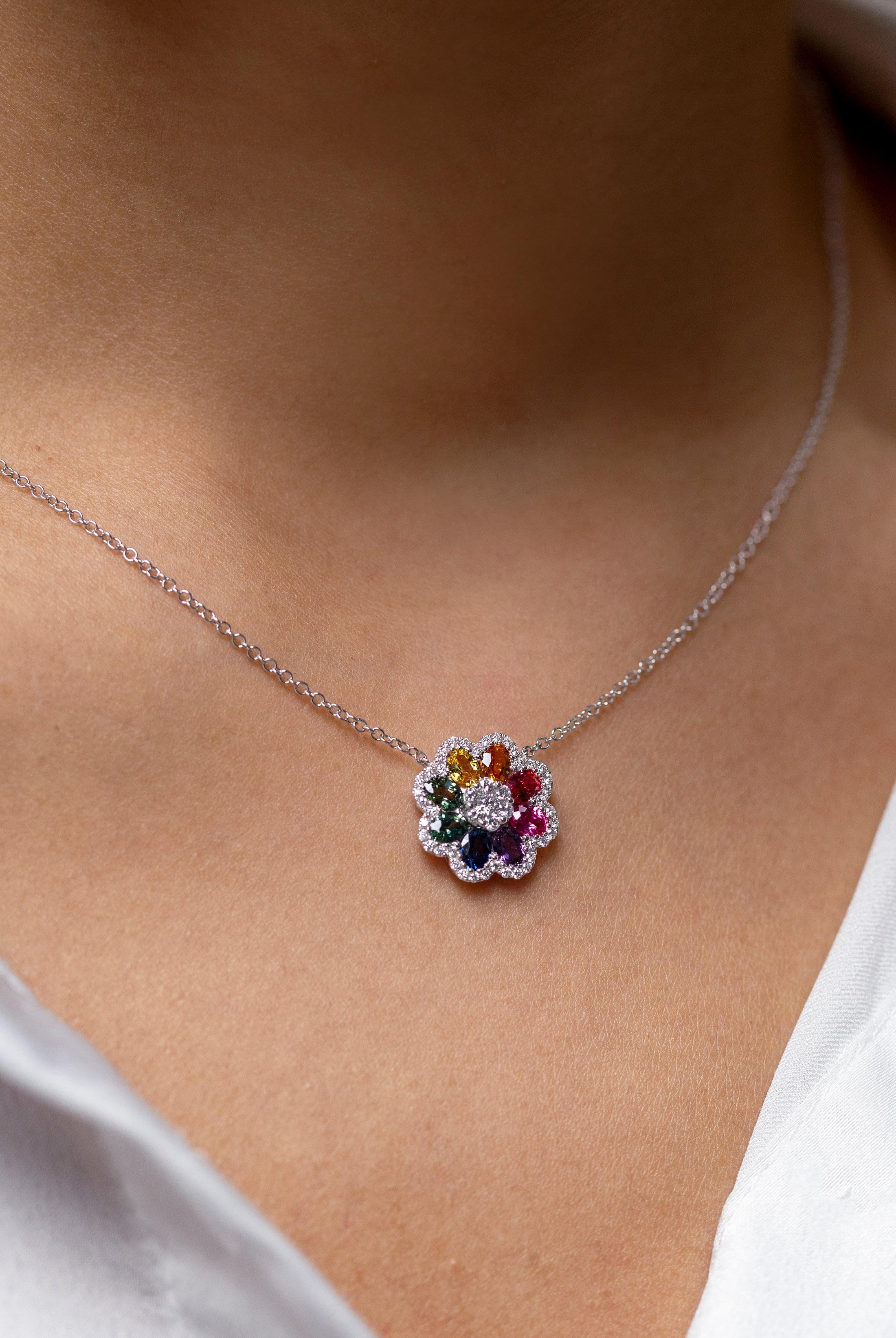 Contemporary 1.65 Total Carat Multi Color Sapphire with Diamond Flower Style Pendant Necklace