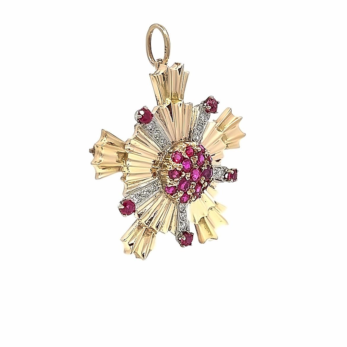 Round Cut 1.65 Total Ct Vintage Ruby & Diamond 14K Yellow Gold Convertible Pendant Brooch For Sale