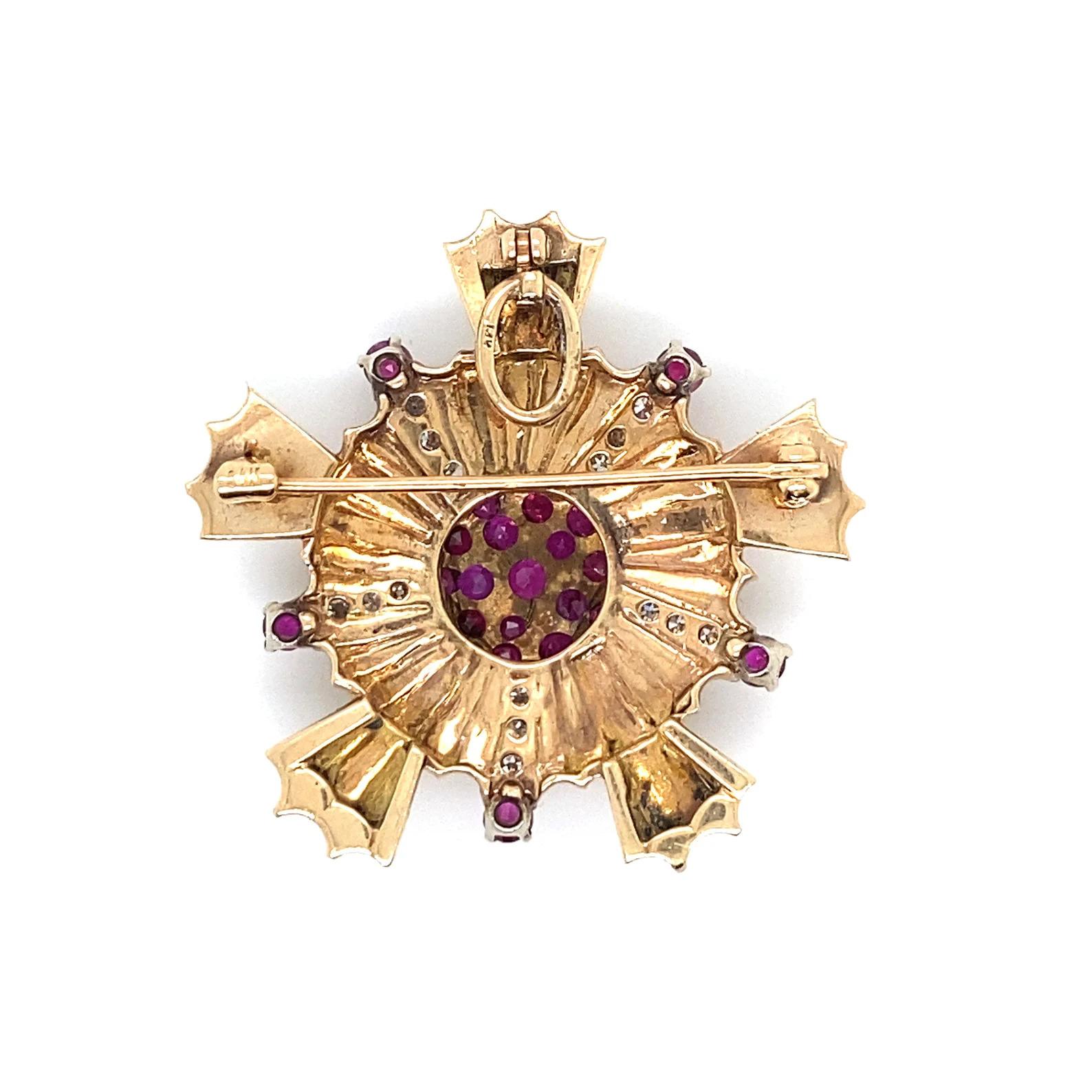 1.65 Total Carat Vintage Ruby and Diamond 14K Yellow Gold Convertible Pendant Brooch

This vintage pin has been inspected by our jewelers for authenticity and quality. 
It is in ready to wear condition. It is crafted in 14K Yellow Gold, with Rubies
