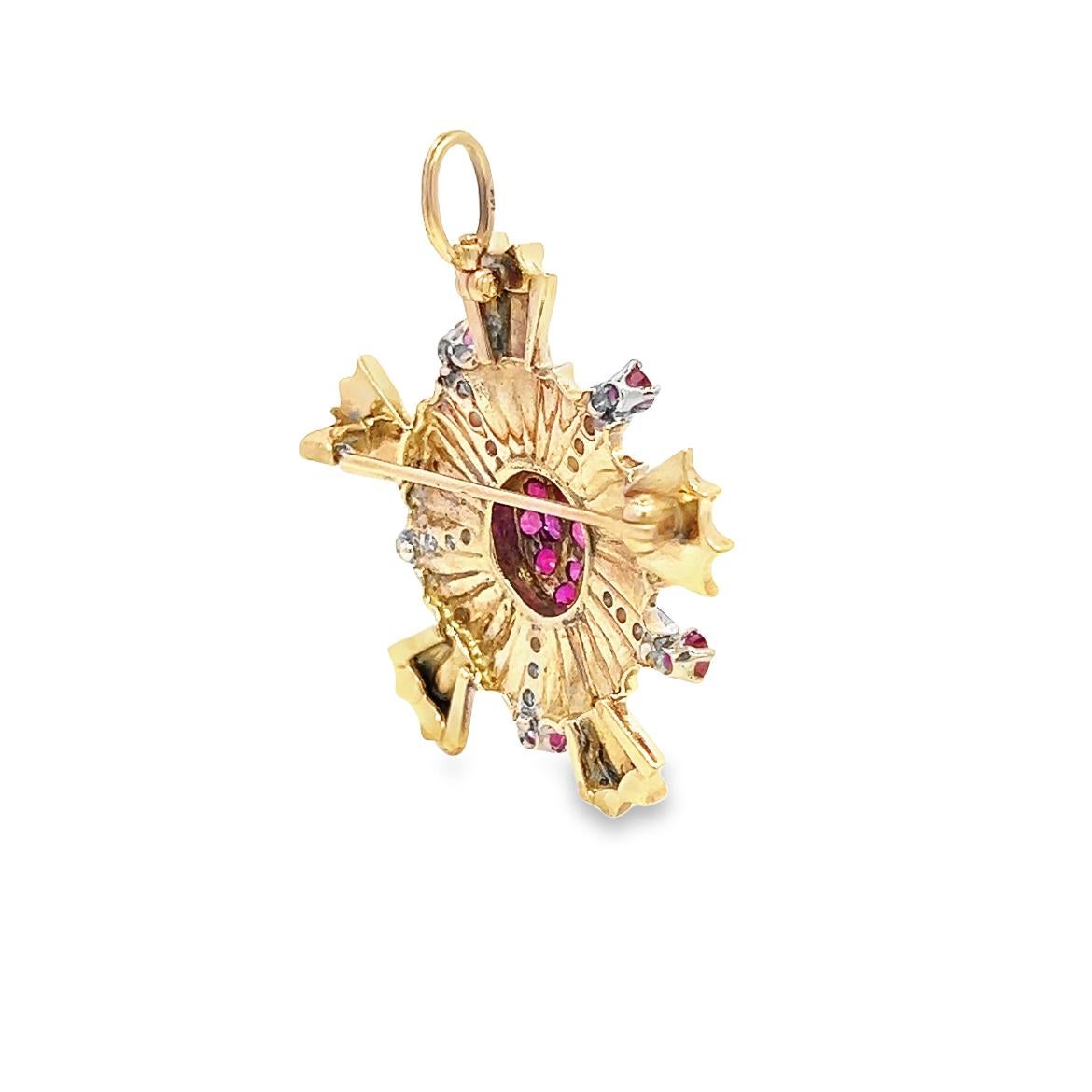 1.65 Total Ct Vintage Ruby & Diamond 14K Yellow Gold Convertible Pendant Brooch In New Condition For Sale In New York, NY