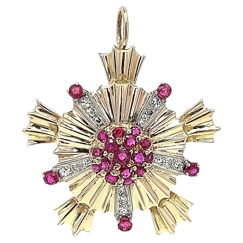 1.65 Total Ct Vintage Ruby & Diamond 14K Yellow Gold Convertible Pendant Brooch For Sale
