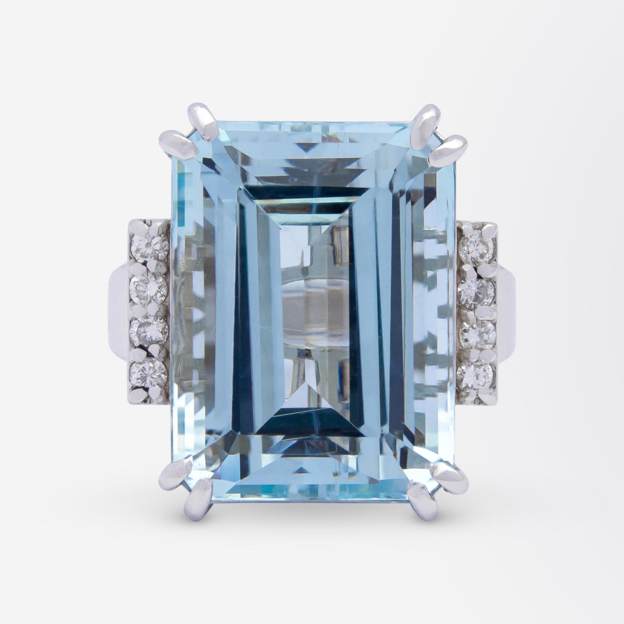 Art Deco 16.50 Carat Aquamarine & Diamond Cocktail Ring