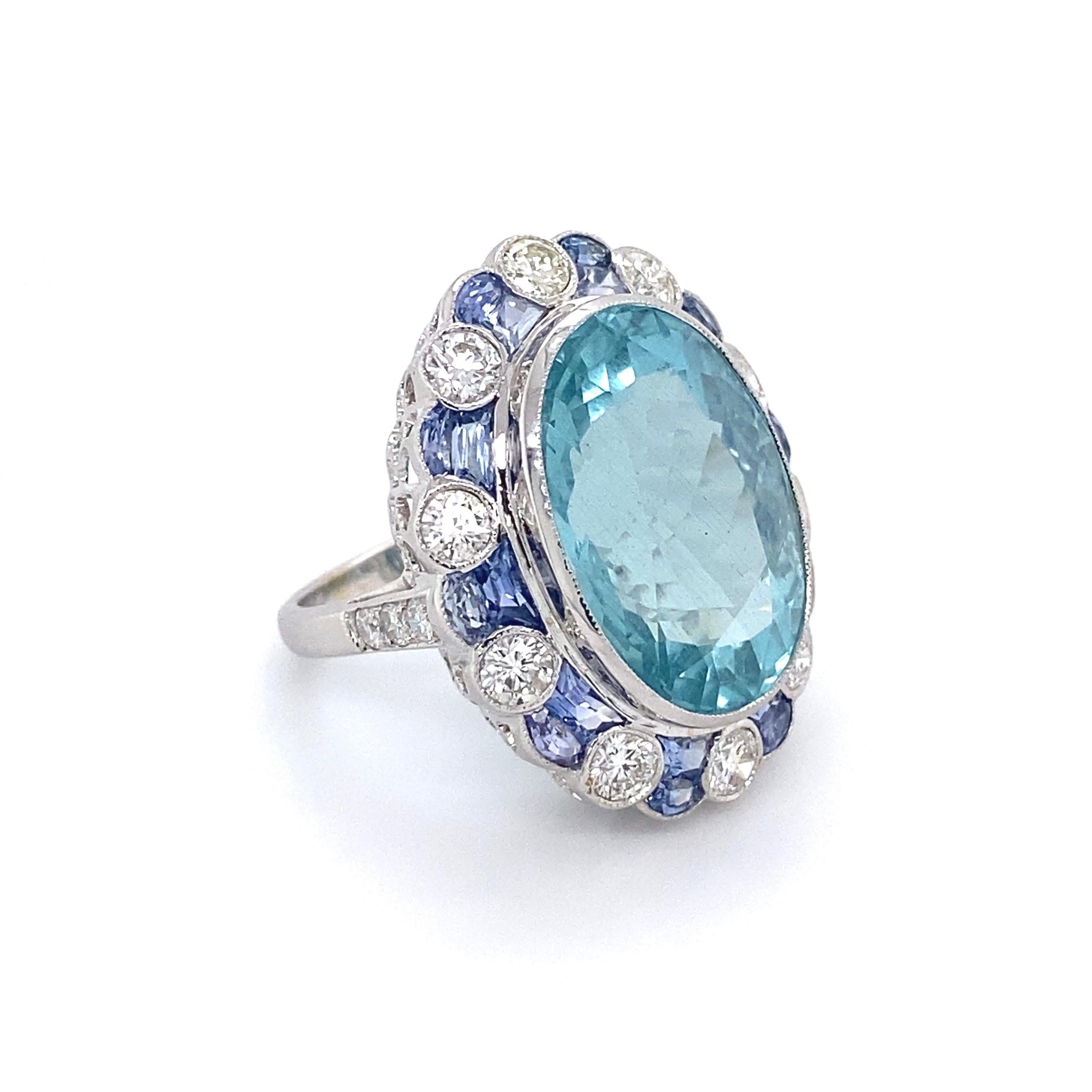 Contemporary 16.50 Carat Aquamarine Diamond Sapphire Platinum Ring Estate Fine Jewelry