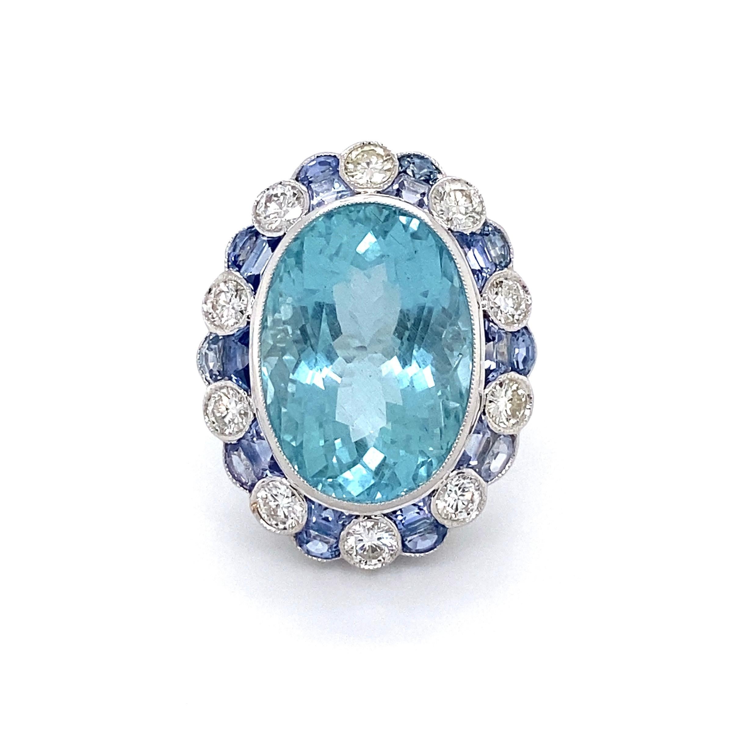 Mixed Cut 16.50 Carat Aquamarine Diamond Sapphire Platinum Ring Estate Fine Jewelry