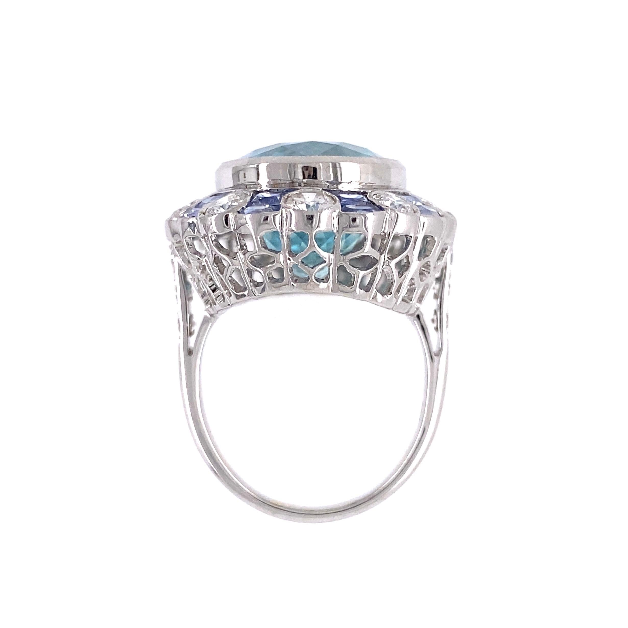 Women's 16.50 Carat Aquamarine Diamond Sapphire Platinum Ring Estate Fine Jewelry