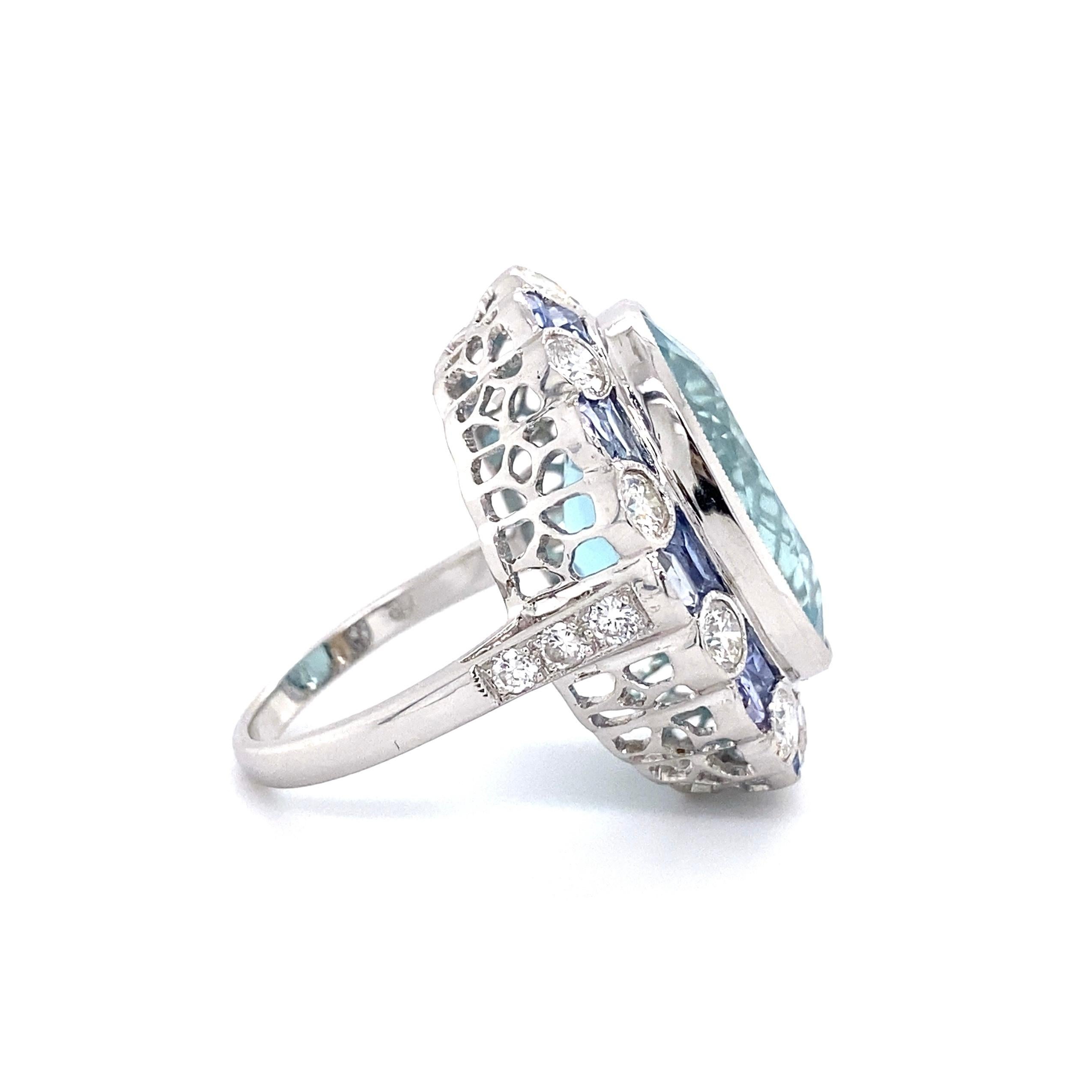 16.50 Carat Aquamarine Diamond Sapphire Platinum Ring Estate Fine Jewelry 1
