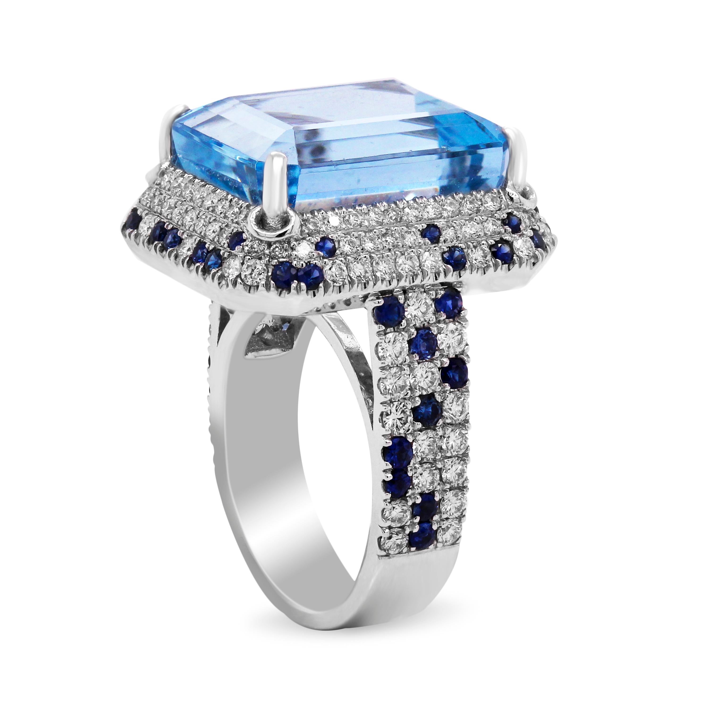 16.50 Carat Emerald Cut Aquamarine Blue Sapphire Diamond 18 Karat Gold Ring In New Condition In Boca Raton, FL