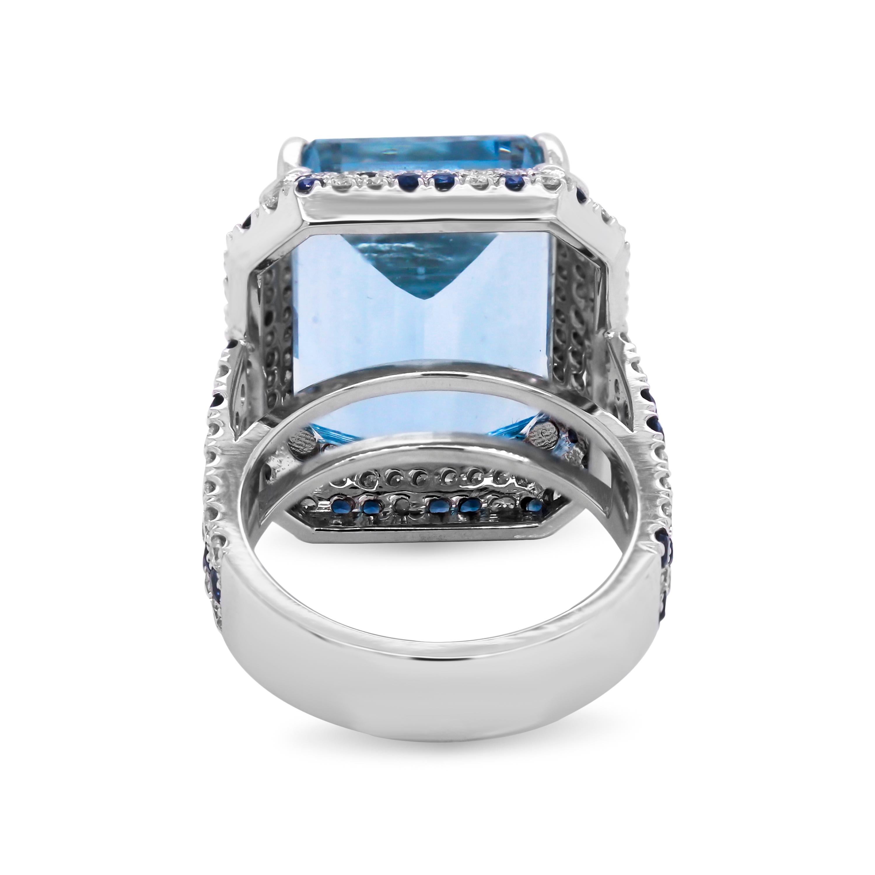 16.50 Carat Emerald Cut Aquamarine Blue Sapphire Diamond 18 Karat Gold Ring 1