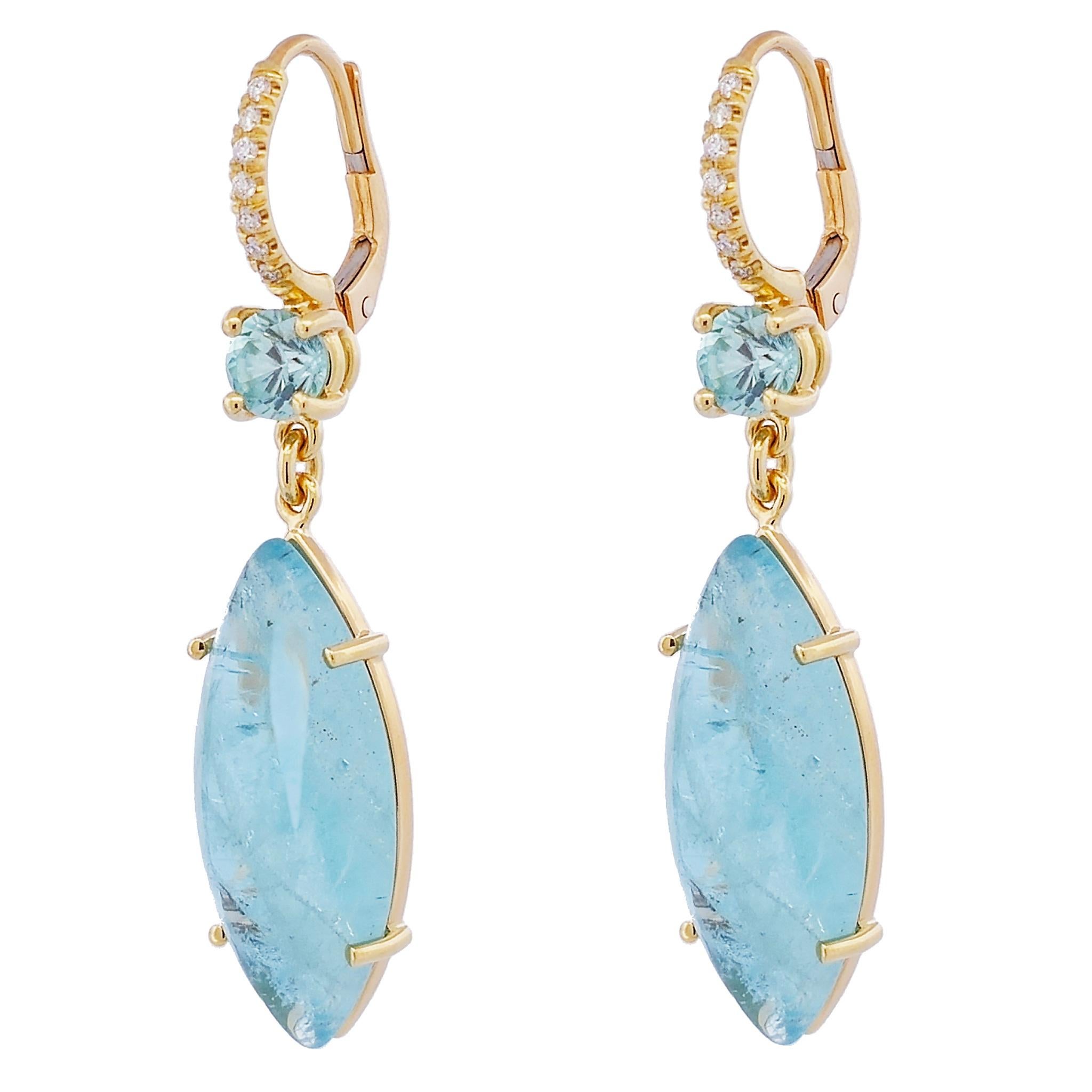 Women's 16.50 Carat Natural Aquamarine Cabochon Blue Zircon Diamond Pave Drop Earrings For Sale