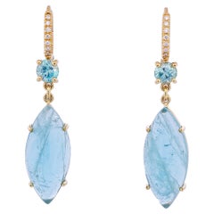 Boucles d'oreilles pendantes 16.50 carats aigue-marine cabochon bleu zircon diamant pavé