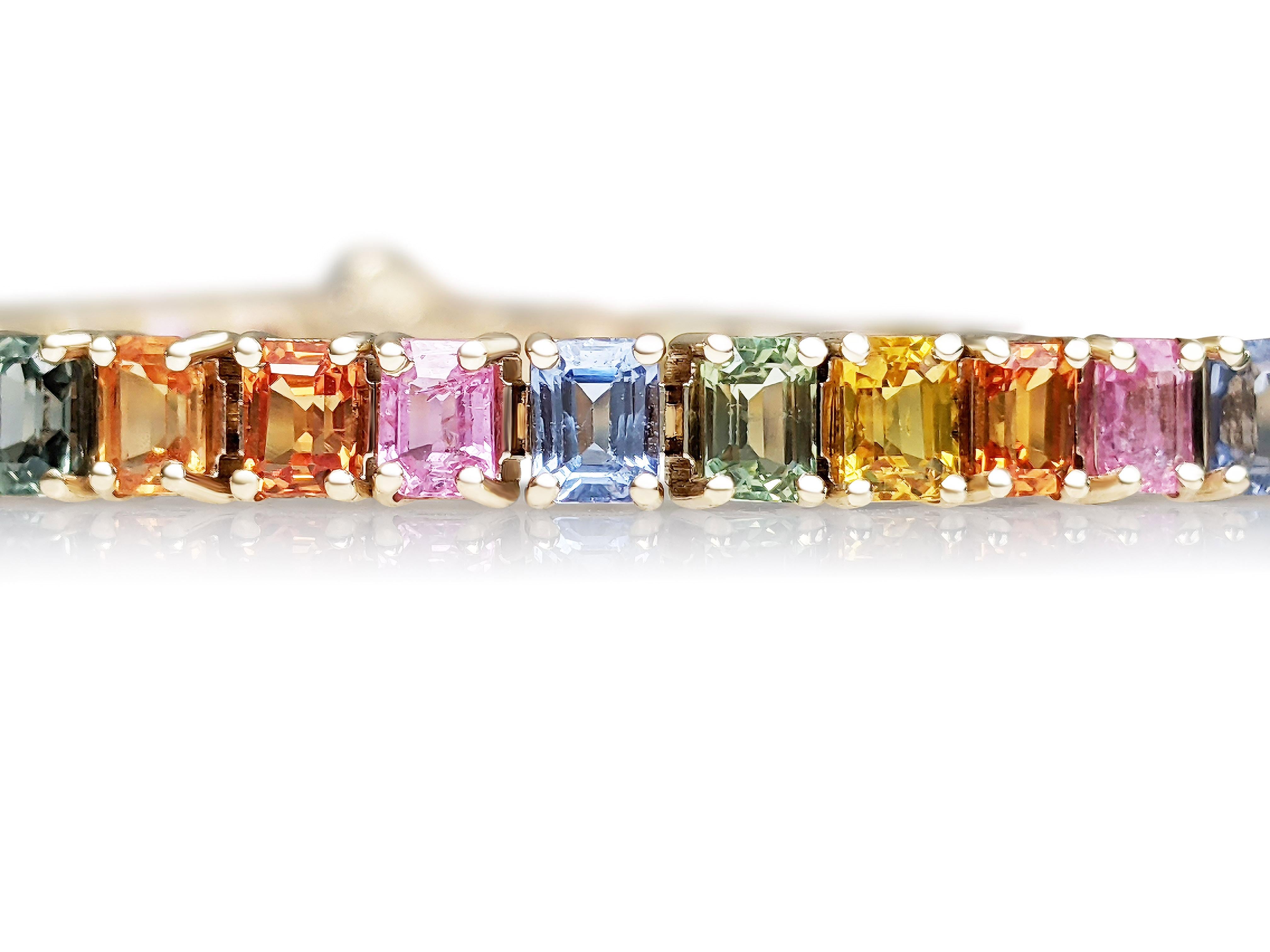Emerald Cut $1 NO RESERVE - 16.50cttw Multi Color Sapphire 14 Karat Yellow Gold Bracelet
