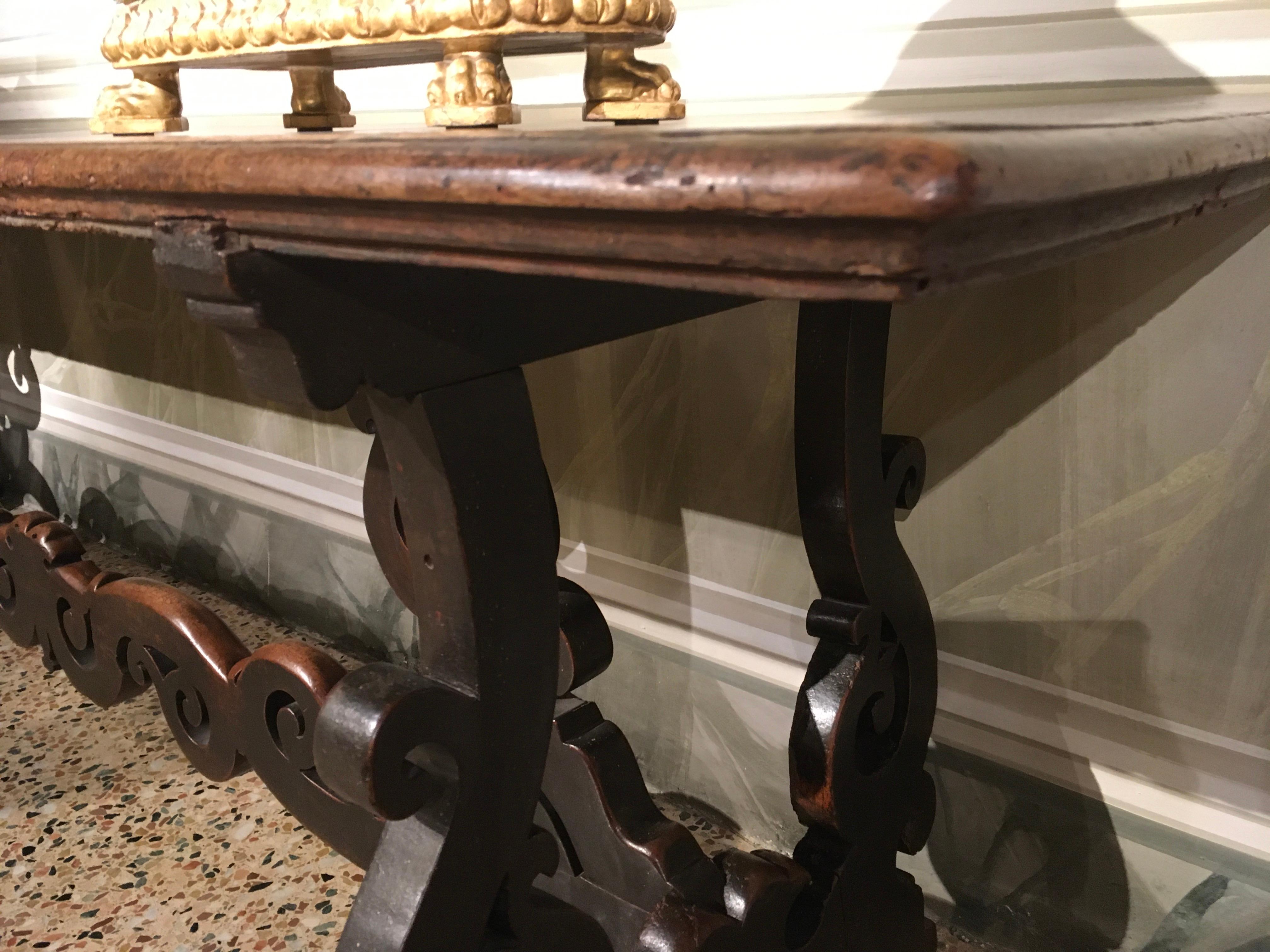 1650 Italy Solid Baroque Walnut Dining Table or Console For Sale 5