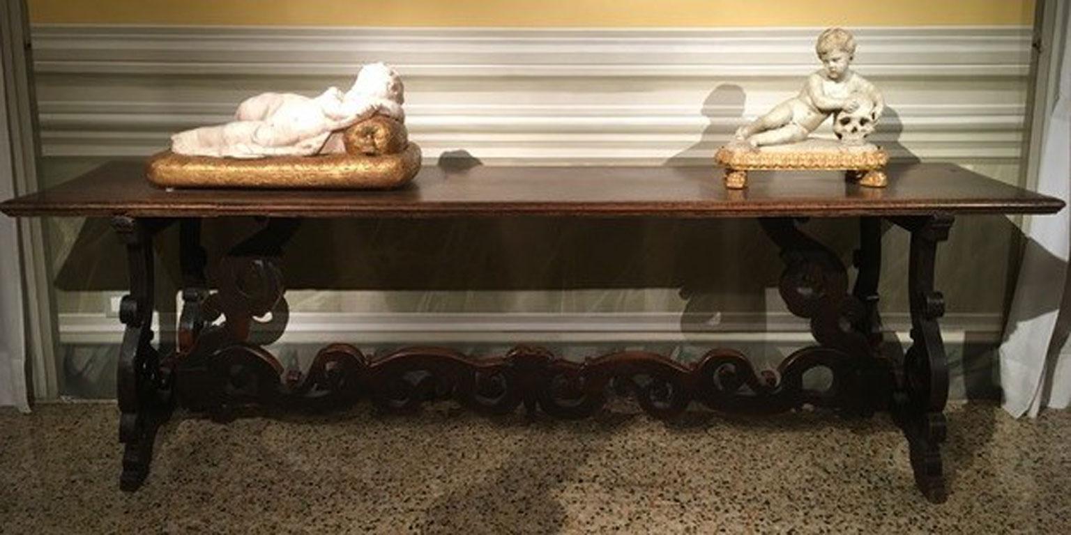 1650 Italy Solid Baroque Walnut Dining Table or Console For Sale 9