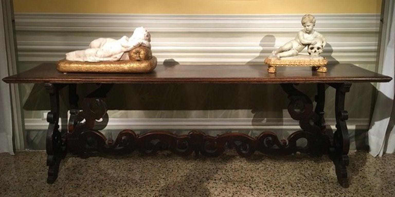 Italian 1650 Italy Solid Baroque Walnut Dining Table or Console For Sale