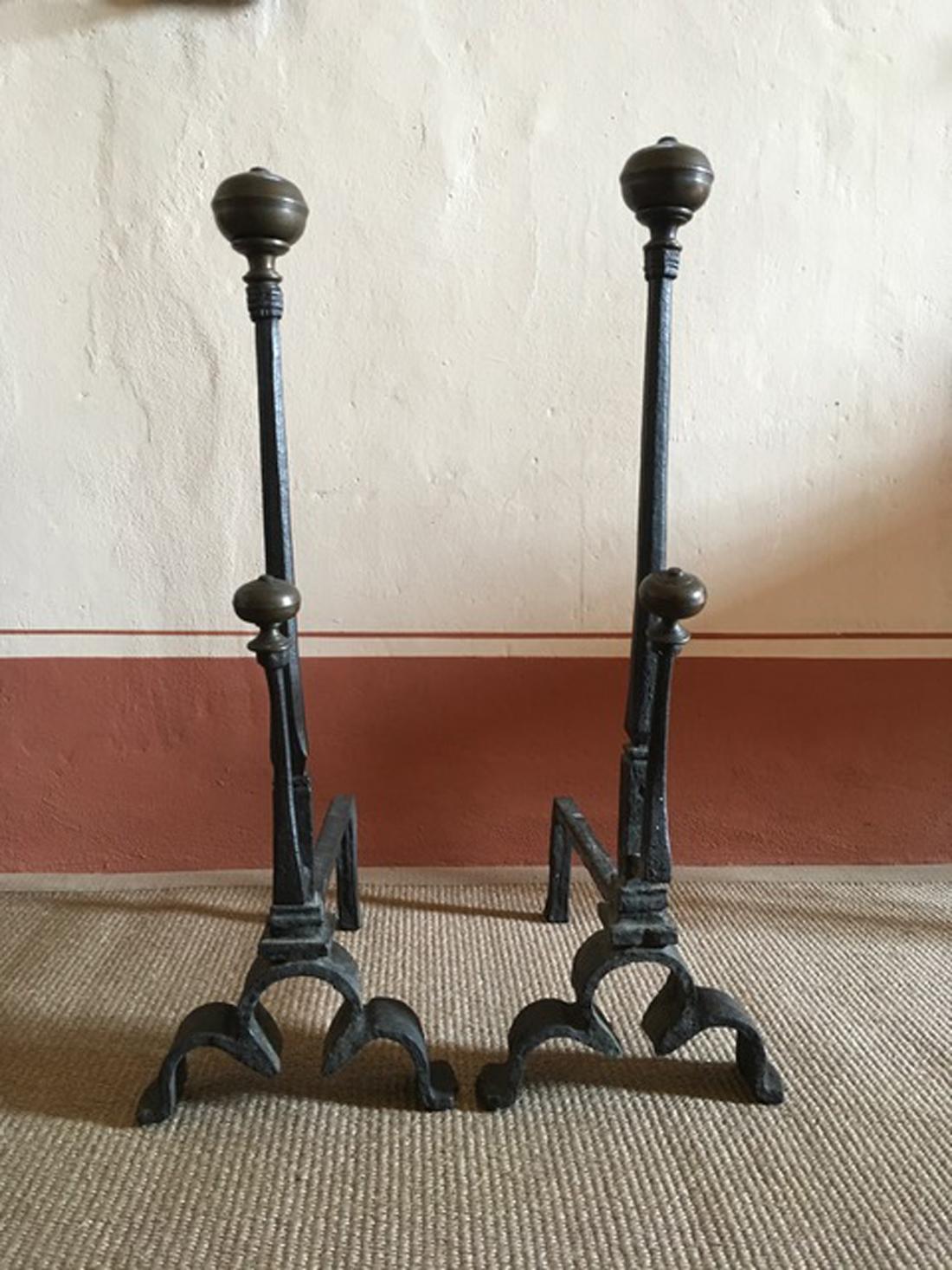 Baroque Italy 1650 Pair of Wrought Cast Iron Italian Medieval Style Fireplace Andirons For Sale