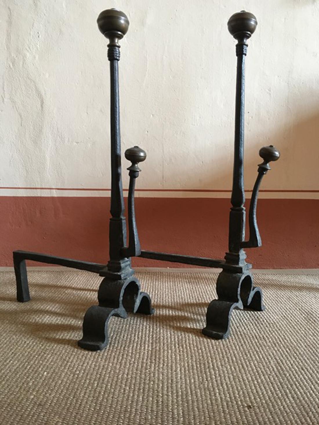 Hand-Crafted Italy 1650 Pair of Wrought Cast Iron Italian Medieval Style Fireplace Andirons For Sale