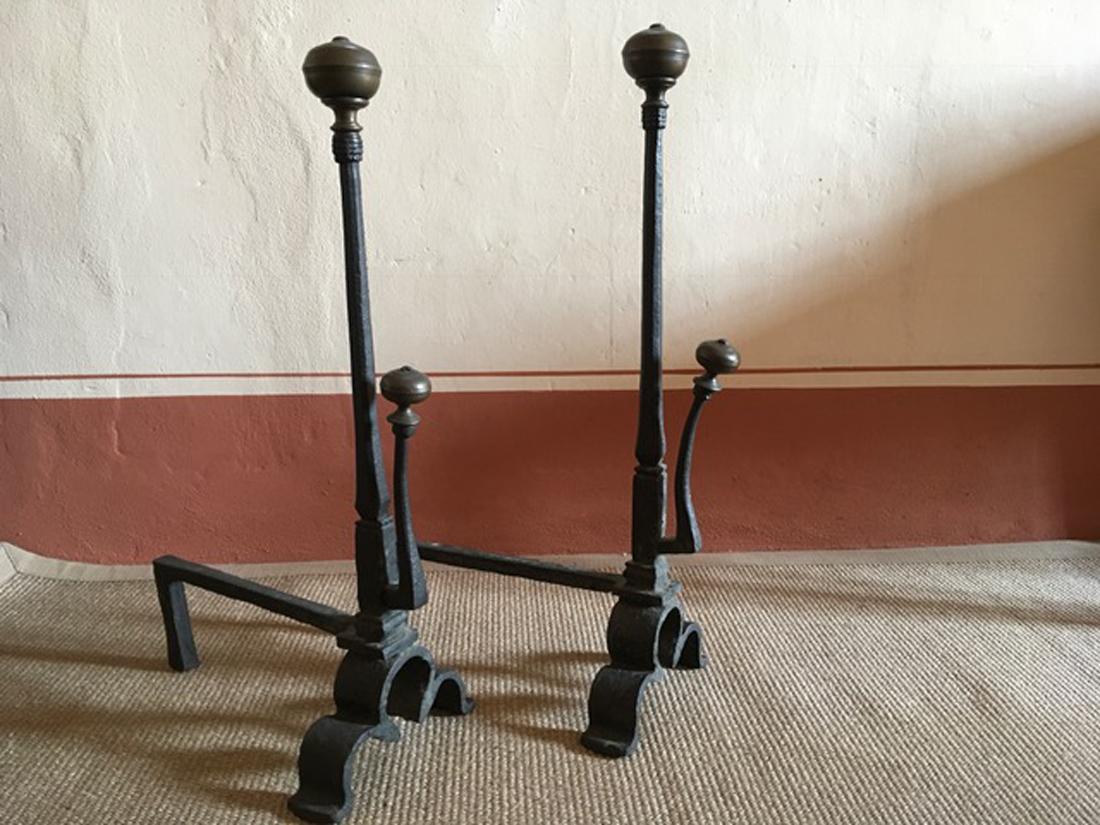 Italy 1650 Pair of Wrought Cast Iron Italian Medieval Style Fireplace Andirons For Sale 2