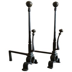 Italy 1650 Pair of Wrought Cast Iron Italian Medieval Style Fireplace Andirons