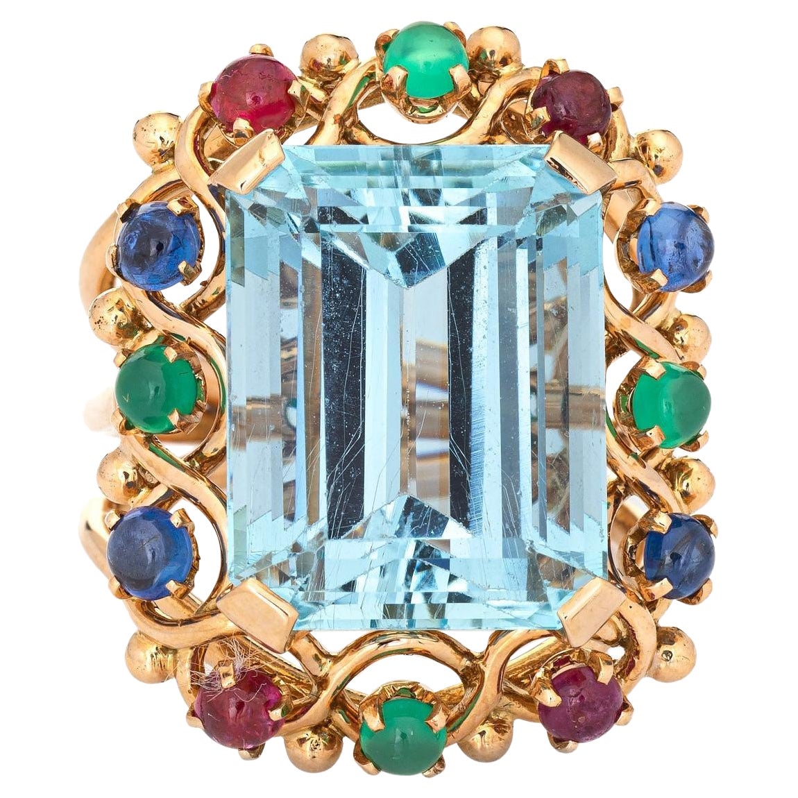 Bague cocktail vintage en or jaune 14 carats avec aigue-marine de 16,50 carats
