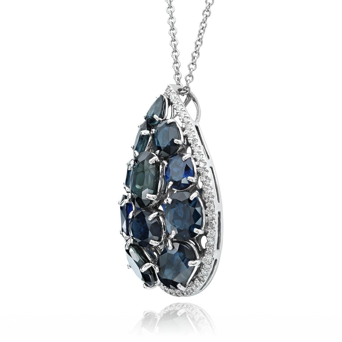 Discover the enchanting world of our Natural Blue Sapphires Pendant. Fashioned in luxurious 18K White Gold, this masterpiece unveils a stunning 16.50 carats sapphires, accompanied by 0.50 carats of dazzling diamonds. The Thai mixed cut adds depth to