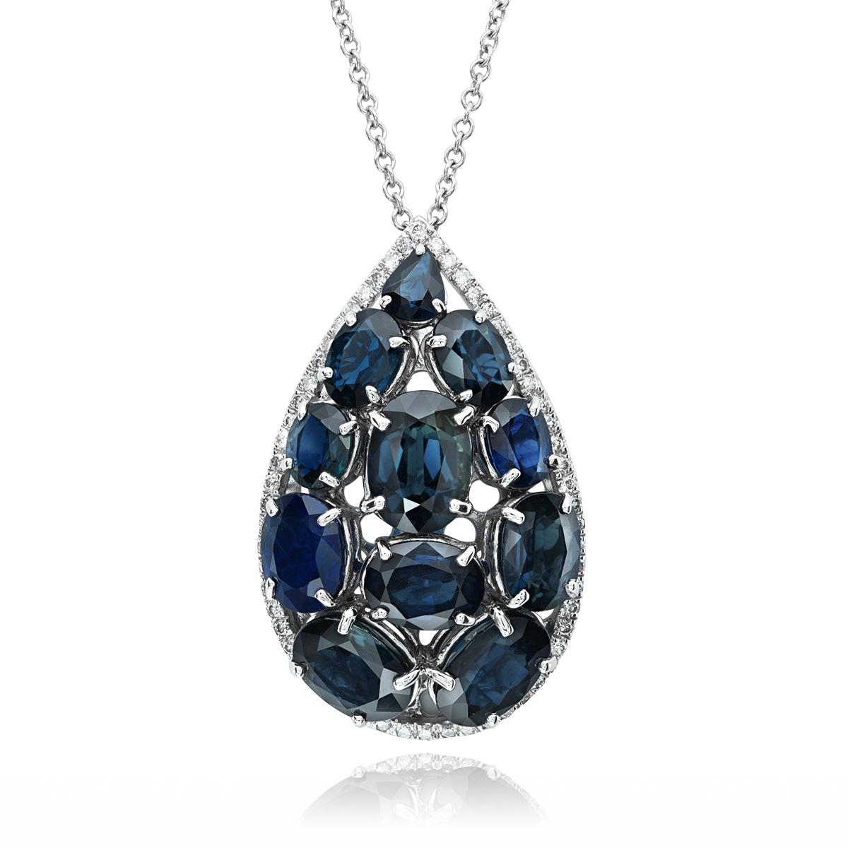 Brilliant Cut 16.50Ct Natural Blue Sapphires Diamond 18K White Gold Necklace, Jewelry Sapphire For Sale