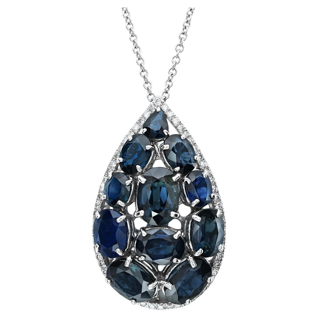 16.50Ct Natural Blue Sapphires Diamond 18K White Gold Necklace, Jewelry Sapphire