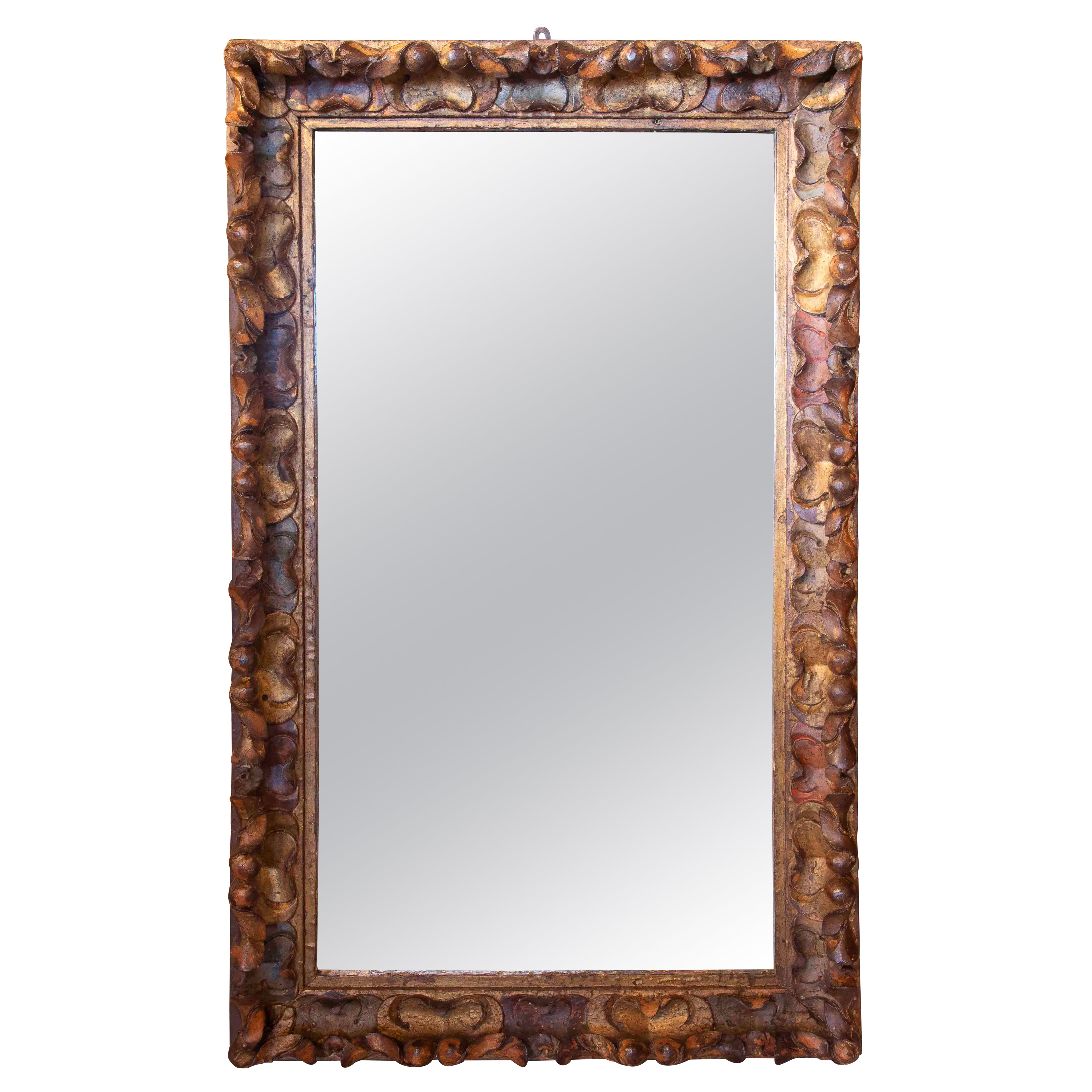 1650s Large Antique Rectangular Mirror with Carved and Polychrome Frame For Sale